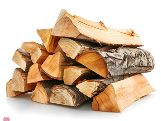 Stacked pile of wood, cut and split for the campfire isolated on white background