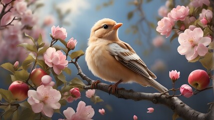 May sees a charming bird that flies with her wings waving to a branch of an apple tree in bloom.