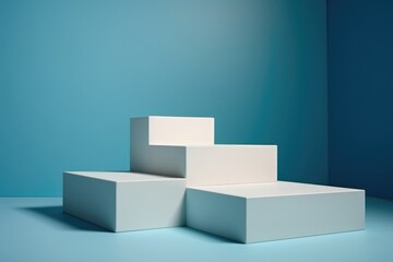 Three-dimensional geometric blocks in a clean, abstract composition on a blue background.