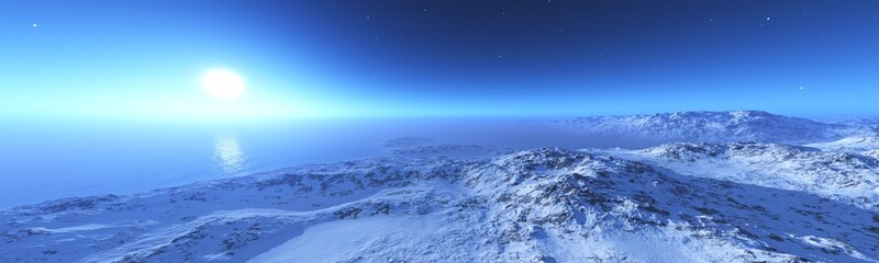 Snowy coast of the northern sea, snow and stones of the seashore, 3D rendering - 773102271