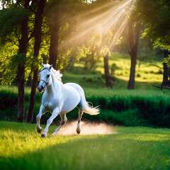 Obraz na płótnie Canvas Majestic Run: White Horse Galloping at Sunset