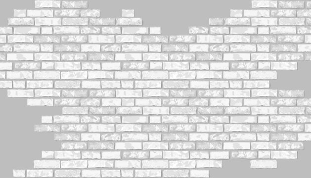 Vector realistic broken white brick wall on grey background. Holes in flat wall texture. Light textured destroyed brickwork for web design, banner, background, wallpaper.