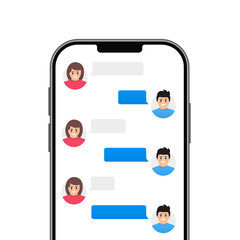 Online chat messages text notification on mobile phone vector, flat cartoon sms bubbles on mobile phone screen, man person chatting on cell phone with woman isolated. Vector illustration