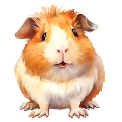 Watercolor illustration of a cute guinea pig with orange and white fur