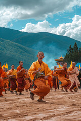 Monks dancing at the Tchechu festival in Ura - Bumthang Valley in Bhutan
 - obrazy, fototapety, plakaty