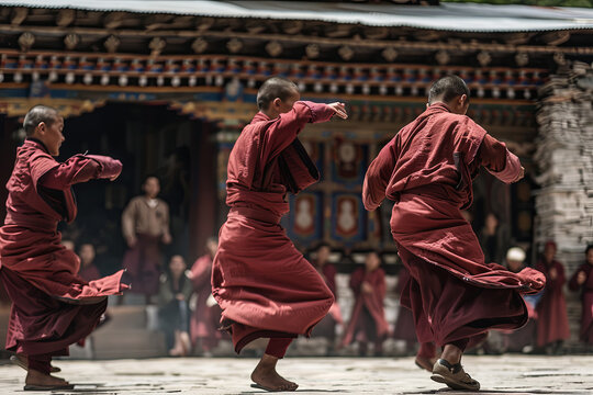Monks dancing at the Tchechu festival in Ura - Bumthang Valley in Bhutan
