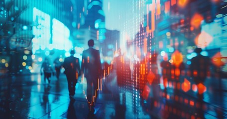 Charting Success: Harnessing Market Insights. A stock market graph and business people in motion on a double exposure background, with a blurred world map - obrazy, fototapety, plakaty