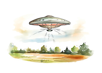 UFO preparing landing on ground watercolor illustration isolated on white background