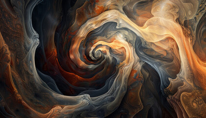 An abstract digital artwork featuring swirling patterns and textures, with warm tones of brown, orange, grey, and blue creating an intricate design that evokes the feeling of being inside or on top