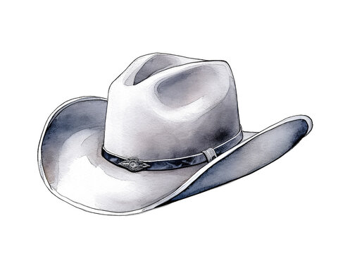 Watercolor White Grey Cowboy Hat isolated on White Background