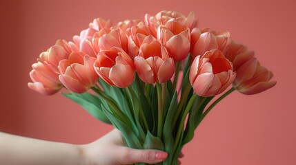 woman hand holding a big bunch of tulip flowers on pastel background