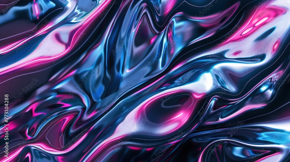 Poster abstract floating shape made of liquid metal. holographic rainbow object material for graphic design