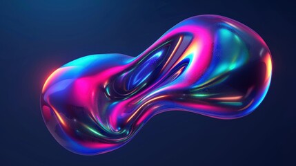 Abstract floating shape made of liquid metal. Holographic rainbow object material for graphic design.