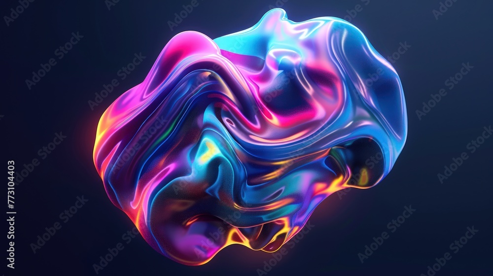 Poster abstract floating shape made of liquid metal. holographic rainbow object material for graphic design