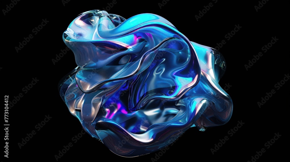Poster abstract floating shape made of liquid metal. holographic rainbow object material for graphic design