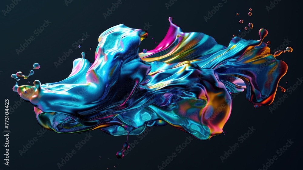 Poster abstract floating shape made of liquid metal. holographic rainbow object material for graphic design