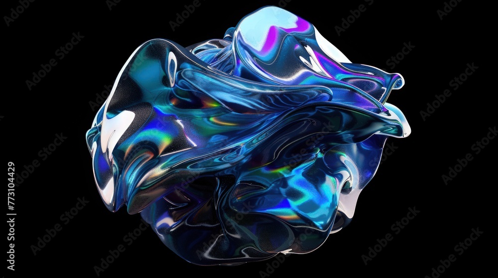 Poster abstract floating shape made of liquid metal. holographic rainbow object material for graphic design