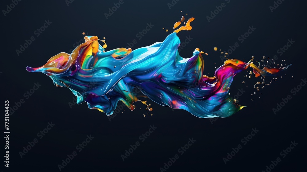 Poster abstract floating shape made of liquid metal. holographic rainbow object material for graphic design