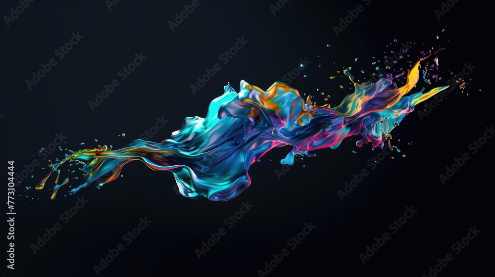 Poster abstract floating shape made of liquid metal. holographic rainbow object material for graphic design