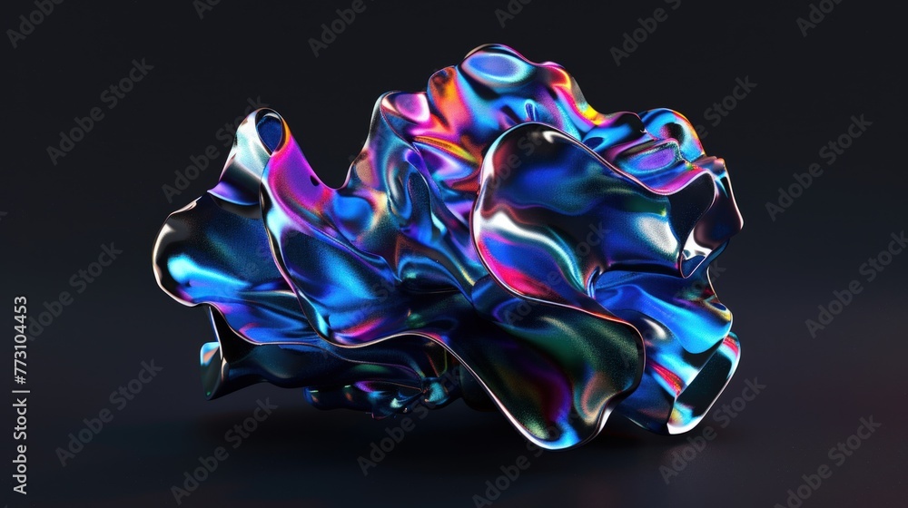 Poster abstract floating shape made of liquid metal. holographic rainbow object material for graphic design