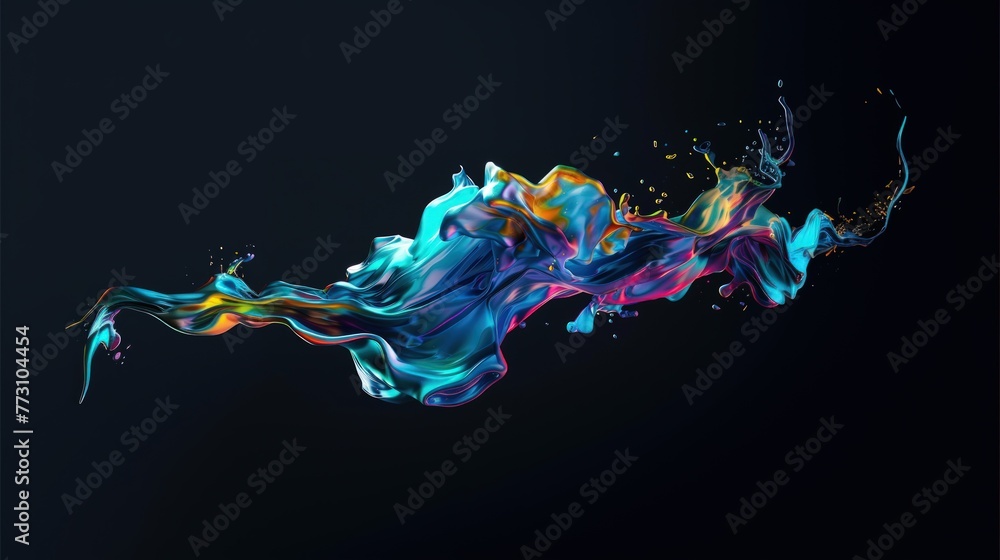 Poster abstract floating shape made of liquid metal. holographic rainbow object material for graphic design