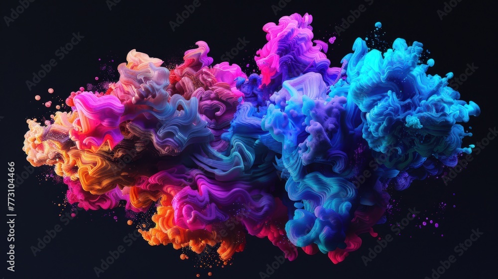 Poster multicolored explosion of colors isolated on black background. digital abstract background for graph
