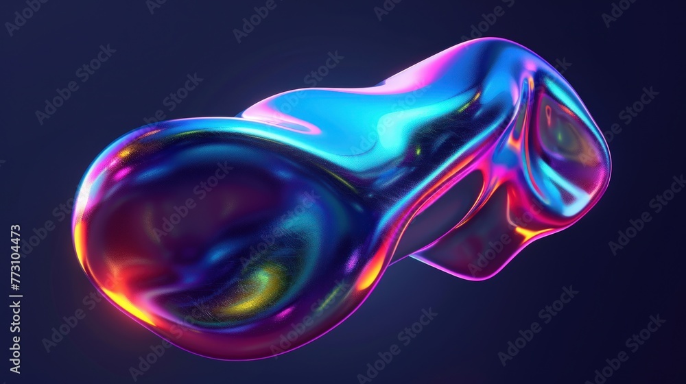 Poster abstract floating shape made of liquid metal. holographic rainbow object material for graphic design