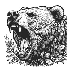 bear roaring amidst foliage, a detailed work showcasing wild nature strength sketch engraving generative ai raster illustration. Scratch board imitation. Black and white image. - obrazy, fototapety, plakaty