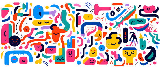 Various colorful abstract shapes in vector format, in the style of joyful chaos, doodles cartoon geometric background