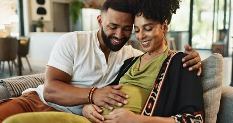 Home couple and happy with touch for pregnancy to support, bonding and care for love. Living room, future mother and father for maternity with smile for tummy, affection and together as family - Powered by Adobe
