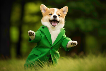 A cheerful puppy donning a cute suit, wagging its tail amidst a lush green background, radiating pure joy.