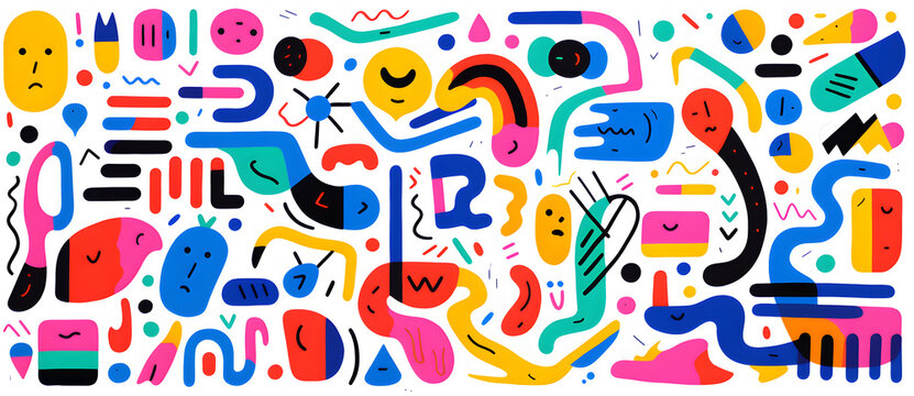 Naklejki Various colorful abstract shapes in vector format, in the style of joyful chaos, doodles cartoon geometric background