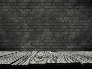 3D old rustic table against a brick wall background