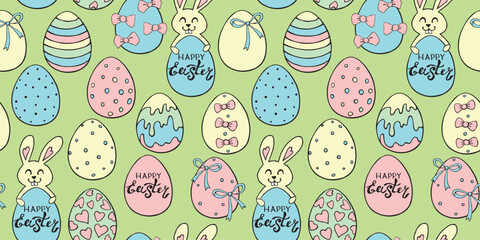 Vector seamless pattern with cute funny colorful easter bunnies with eggs and greeting inscriptions. Holiday backgrounds and textures in flat style
