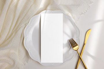 4x9 menu card mockup on plate with golden cutlery 