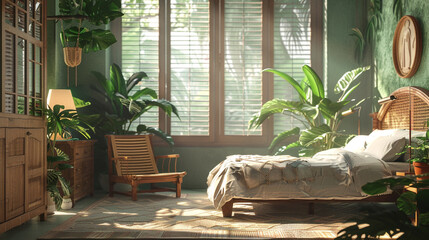 A tropical-themed bedroom decor with lush greenery and rattan furniture arranged near a sunlit window, creating a serene oasis inspired by nature. 8K. - obrazy, fototapety, plakaty