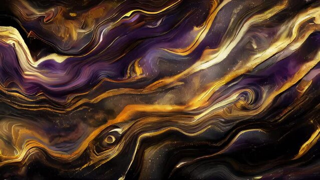 Artwork of fluid and abstract textures intermingling gold and purple hues.

