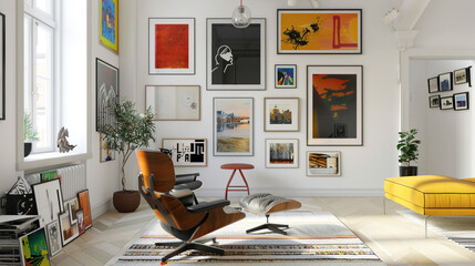 Fototapeta na wymiar A vibrant art gallery wall in a modern Scandinavian loft, showcasing an eclectic mix of contemporary artwork and photography against a backdrop of crisp white walls and minimalist furnishings. 8K.