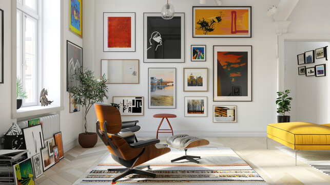 A vibrant art gallery wall in a modern Scandinavian loft, showcasing an eclectic mix of contemporary artwork and photography against a backdrop of crisp white walls and minimalist furnishings. 8K.
