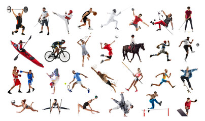 Collage made of men and women, athletes in motion training, sportspeople of various kind of sports in motion isolated on white background. Professional sport, competition, championship, game concept - obrazy, fototapety, plakaty