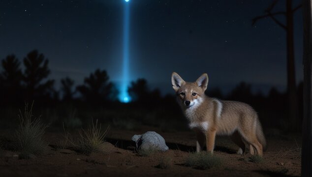 Photographic, realistic image of UFOs beaming a blue light on a small coyote puppy. Image should be 24mm lens with f2.8, 16:9 screen ratio, 4K, shot on Sony a7R III full-frame sensor.