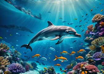 Obraz premium wallpaper representing a dolphin moving in the ocean floor next to coral reefs