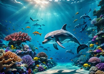 Fototapeta na wymiar wallpaper representing a dolphin moving in the ocean floor next to coral reefs