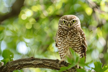 Fototapeta premium A regal owl perched on a tree branch, showcasing its majestic presence.