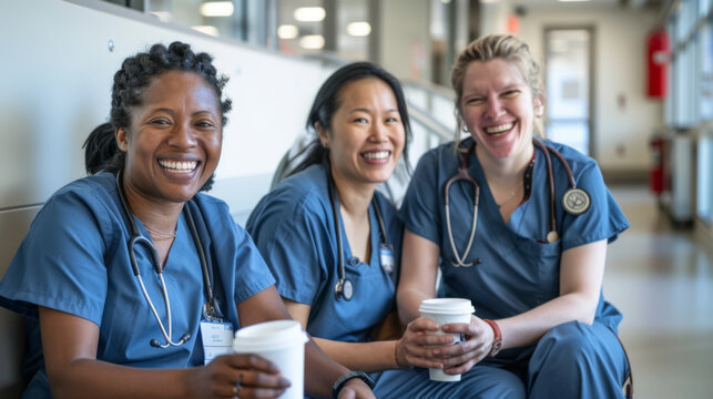 A group of medical staff in scrubs share a joyful moment together