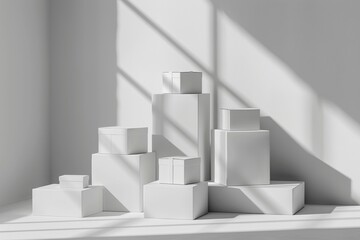 Immersive 3D scene featuring a stack of product boxes against a white backdrop, creating a minimalist yet impactful visual for marketing campaigns