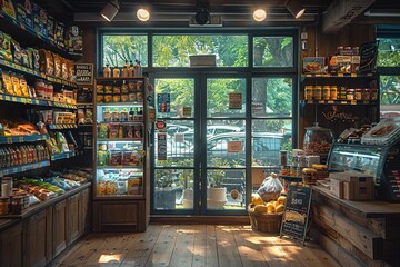 Interior of an empty small corner store, supermarket 247