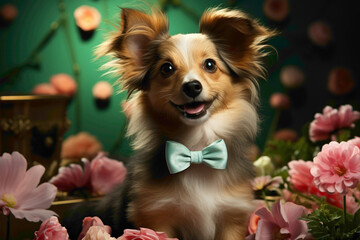 A charming little dog with a pink bow perched on its head, standing on its hind legs against a lively green background.