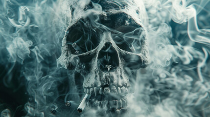 A hauntingly beautiful skull framed by tendrils of smoke, with cigarette butts littered around the edges, - obrazy, fototapety, plakaty