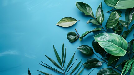 A creative tropical Classic Blue background adorned with leaves layout, capturing the essence of nature in spring, presented in a captivating flat lay composition